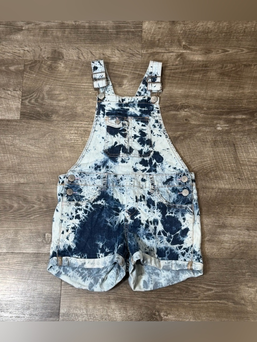True Religion Jamie Overalls Girls M Tie-Dye Denim Short Overalls Blue White